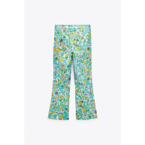 NWT Zara Floral Printed Linen Blend High Waisted Cropped Flare Trousers, Size 4 - Picture 9 of 16